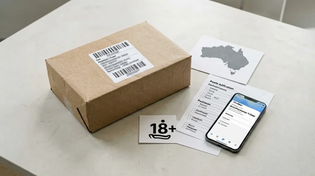 Australian delivery address checklist with a sealed parcel, address fields and 18 plus verification symbol
