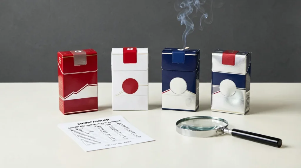 Four generic cigarette cartons arranged with a price-comparison checklist for an Australian adult catalogue guide