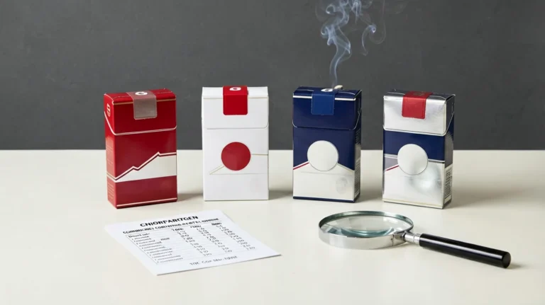 Four generic cigarette cartons arranged with a price-comparison checklist for an Australian adult catalogue guide