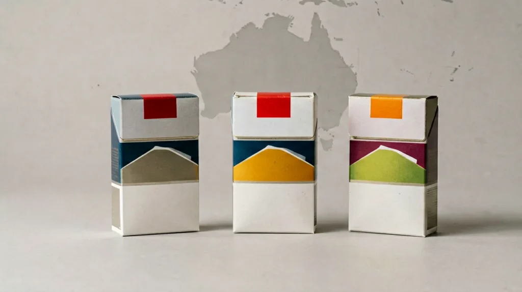 Unbranded cigarette cartons arranged for an Australian adult catalogue comparison guide