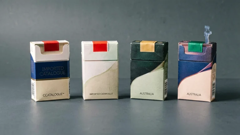 Four distinct imported cigarette catalogue cartons arranged for an Australia-focused product comparison