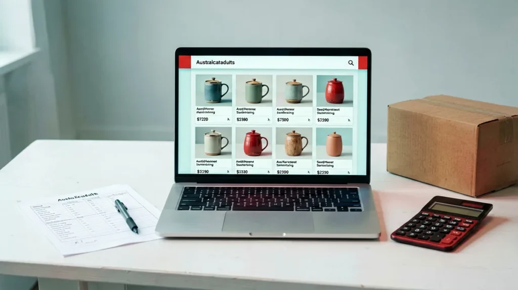 Laptop, calculator and checklist used to verify an Australian catalogue price before ordering