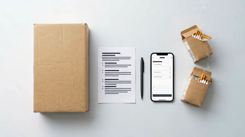 Parcel, checklist and phone arranged for checking an Australian online cigarette order confirmation