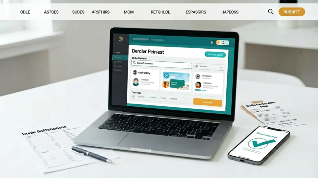 Online order confirmation checklist with laptop, tracking slip and phone on a desk