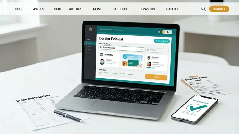 Online order confirmation checklist with laptop, tracking slip and phone on a desk