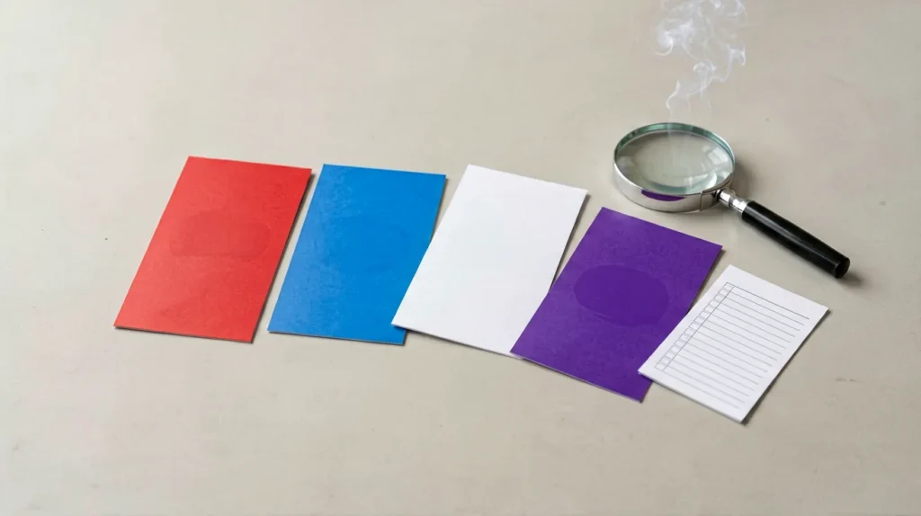 Red, blue, white and purple catalogue cards with a magnifying glass for checking cigarette colour words in Australia