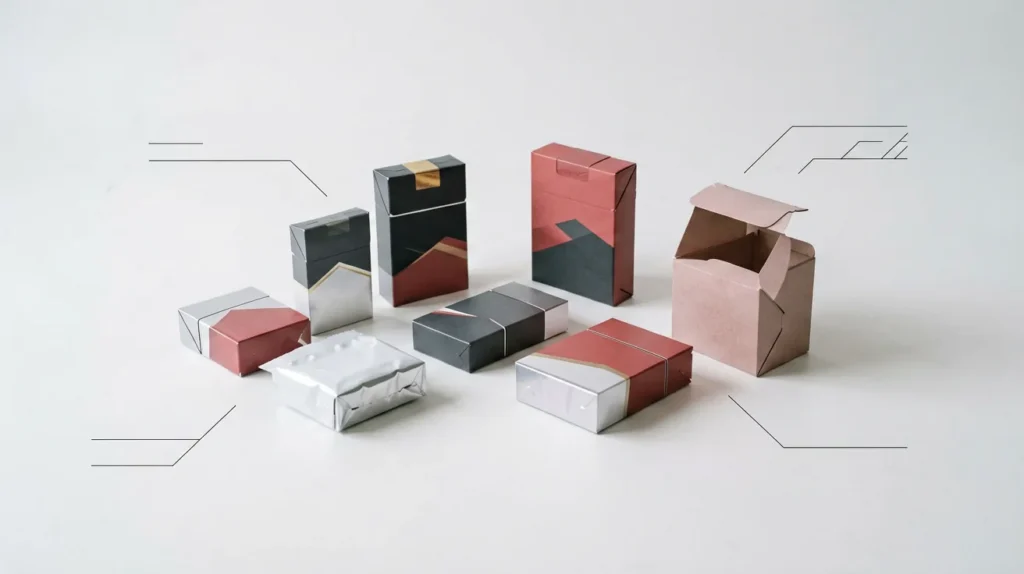 Generic rigid and soft cigarette pack formats arranged for catalogue comparison