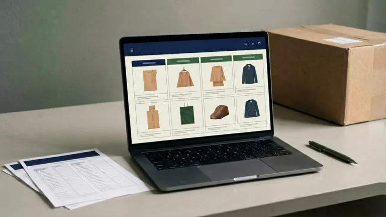 Product comparison checklist on a desk beside a laptop and parcel