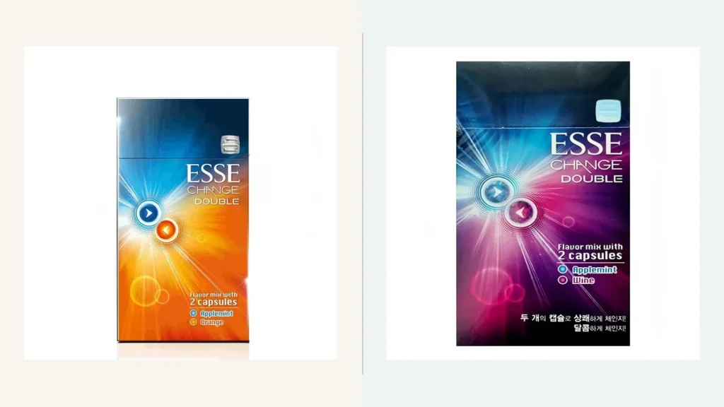 Side-by-side catalogue images of ESSE Change Double Applemint Orange and Wine records