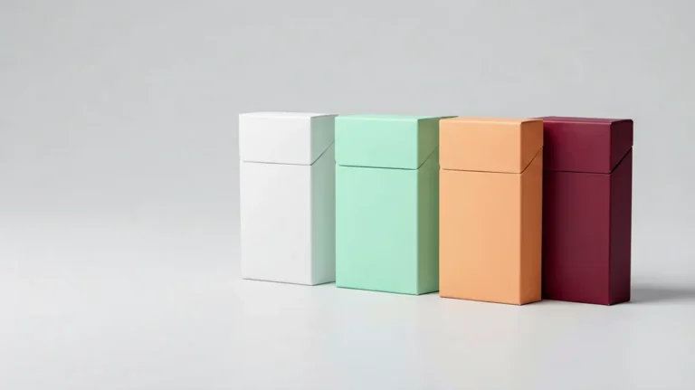 Five slim cigarette packs in white, mint green, orange and wine colours on a light studio surface, illustrating the ESSE range records described in the Virqalo catalogue
