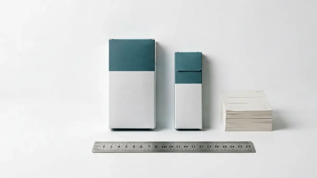 Unbranded standard-width and super-slim package silhouettes beside a catalogue ruler