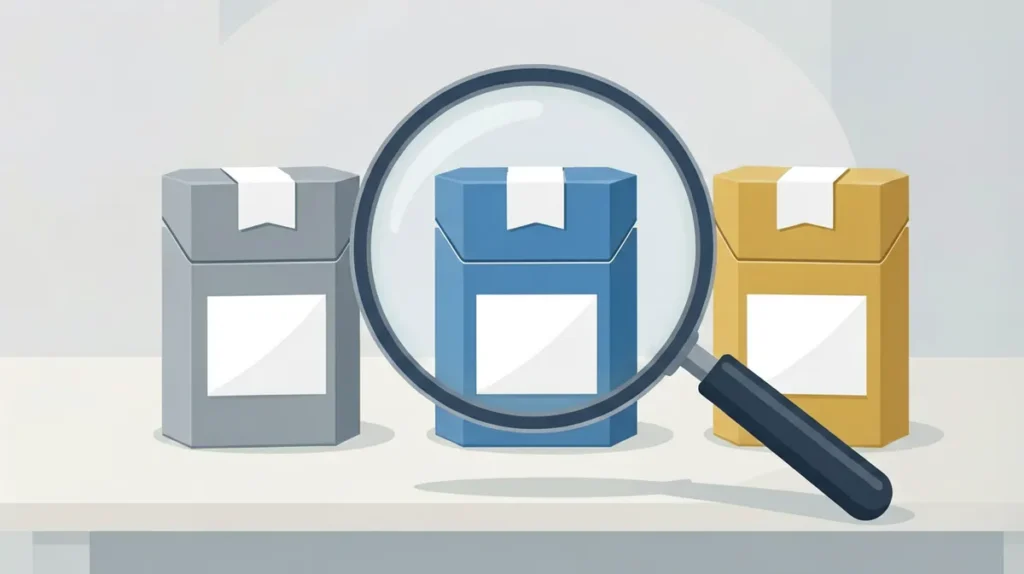 Editorial illustration of a magnifying glass inspecting three plain unbranded cigarette cartons with blank label tags, illustrating how name words such as Lights, Mild and Premium appear on exact catalogue records for Australian adults 18+.