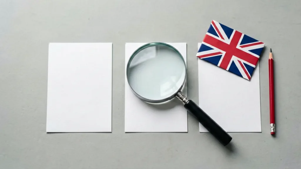 Manchester United Kingdom edition cigarette records identification guide: magnifying glass over product catalogue cards with a Union Jack flag accent, adults 18+ catalogue reference
