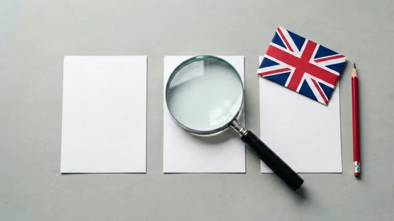 Manchester United Kingdom edition cigarette records identification guide: magnifying glass over product catalogue cards with a Union Jack flag accent, adults 18+ catalogue reference