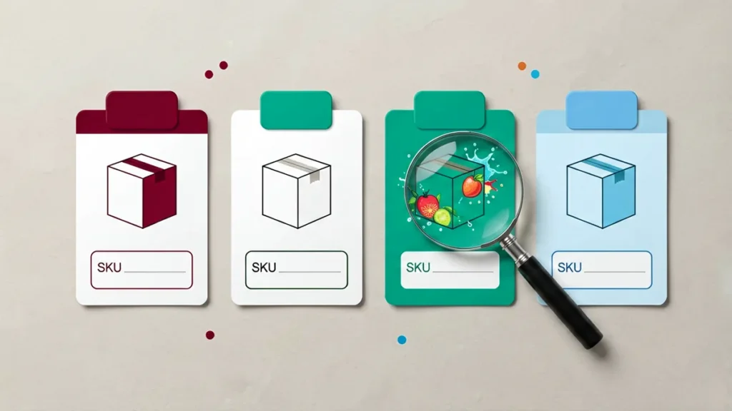 Four catalogue record cards with red, white, tropical splash and ice blue colour chips and blank SKU tags under a magnifying glass