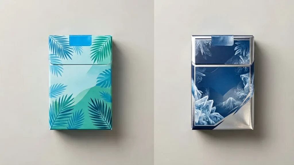 Comparison illustration of two distinct unbranded cigarette cartons labelled with catalogue SKU tags SS-330 and SS-278 for the Marlboro Vista Tropical Splash vs Ice Blast Mega 8mg (Japan) record guide. Australian adults 18+ only.
