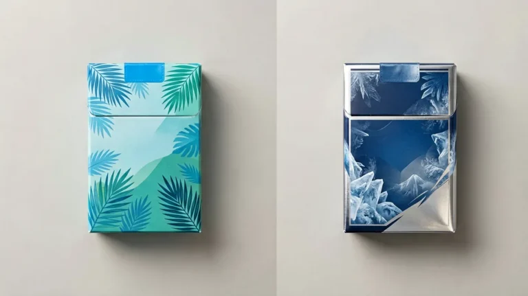 Comparison illustration of two distinct unbranded cigarette cartons labelled with catalogue SKU tags SS-330 and SS-278 for the Marlboro Vista Tropical Splash vs Ice Blast Mega 8mg (Japan) record guide. Australian adults 18+ only.