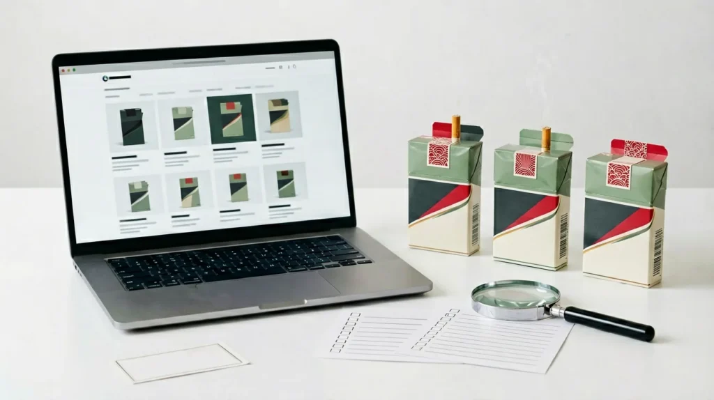 Catalogue record photo check with generic cartons, laptop and magnifying glass