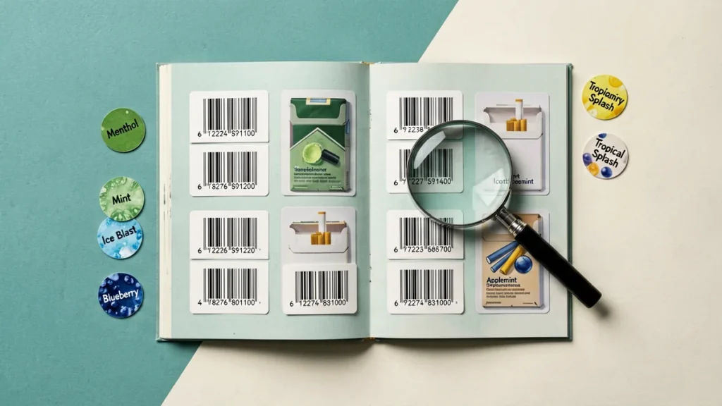 Open catalogue record cards with flavour descriptor chips for Menthol, Mint, Ice Blast, Applemint, Blueberry and Tropical Splash under a magnifying glass