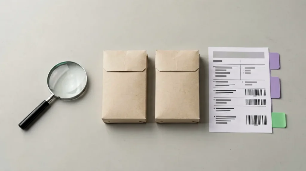 Two distinct unbranded catalogue packages beside a magnifying glass and inventory sheet for a MEVIUS SKU record check