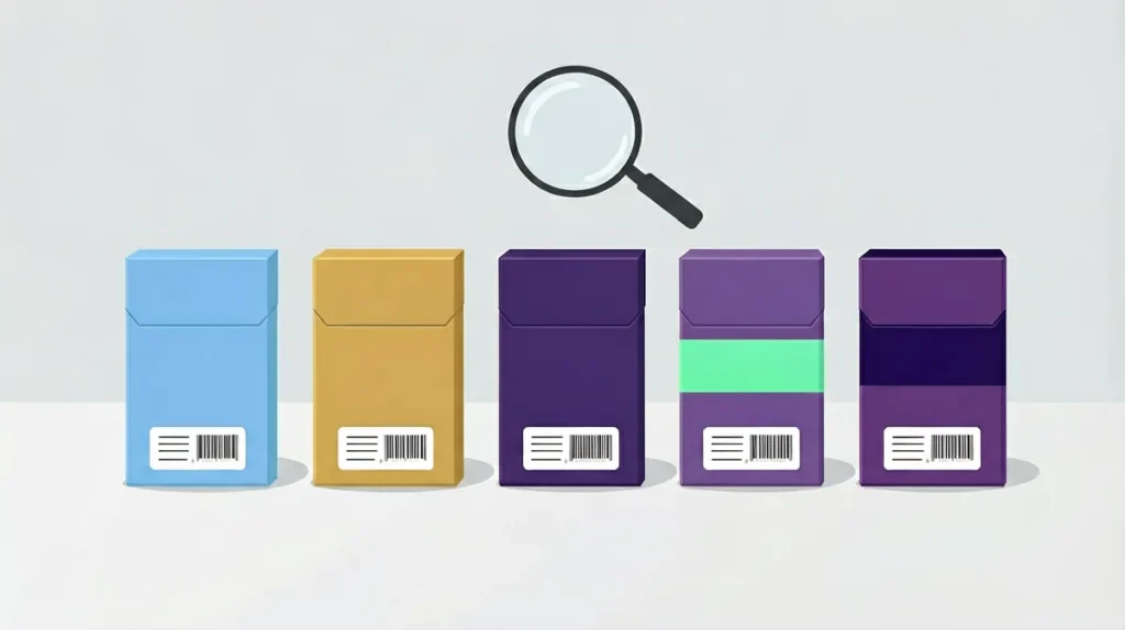 Five MEVIUS cigarette carton records in the Virqalo catalogue shown as a flat illustration of five pack boxes in different colours with SKU label tags and a magnifying glass, for the MEVIUS range identification guide