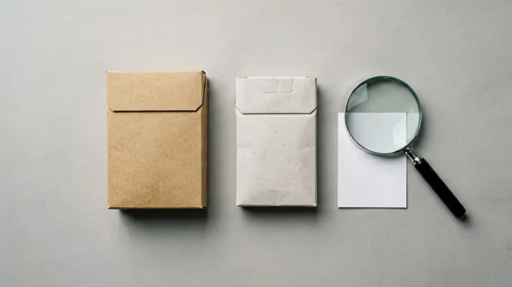 Editorial catalogue photograph of an unmarked cigarette carton and packs with a magnifying glass over a product label tag