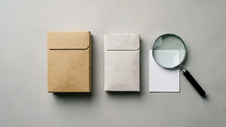 Editorial catalogue photograph of an unmarked cigarette carton and packs with a magnifying glass over a product label tag