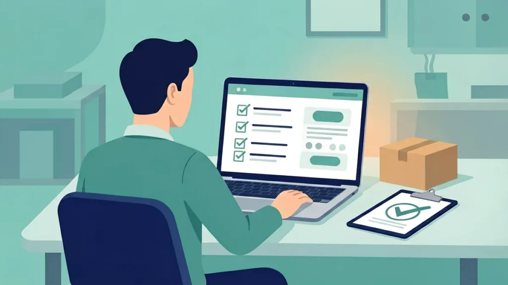 Flat illustration of an Australian adult reviewing an online order summary on a laptop beside a small parcel and a clipboard checklist, representing pre-order verification before checkout