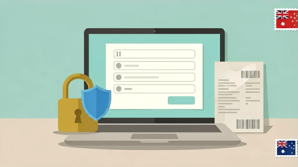 Illustration of a privacy shield and padlock beside an online order form and receipt, representing the Virqalo privacy policy before ordering