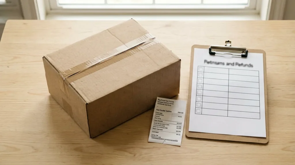 Sealed brown delivery box with an order receipt and a checklist on a desk, representing the returns and refunds process before an adult tobacco order
