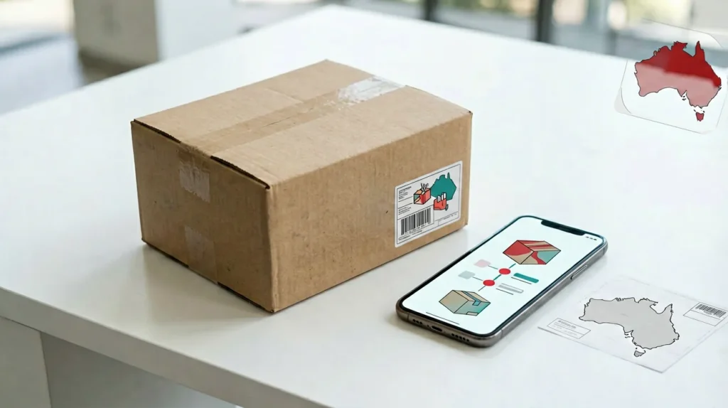 Parcel and smartphone showing an order tracking timeline for Australian delivery support
