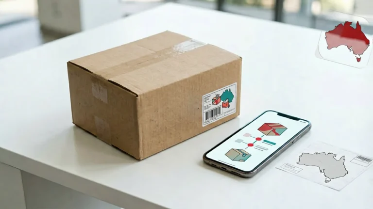 Parcel and smartphone showing an order tracking timeline for Australian delivery support