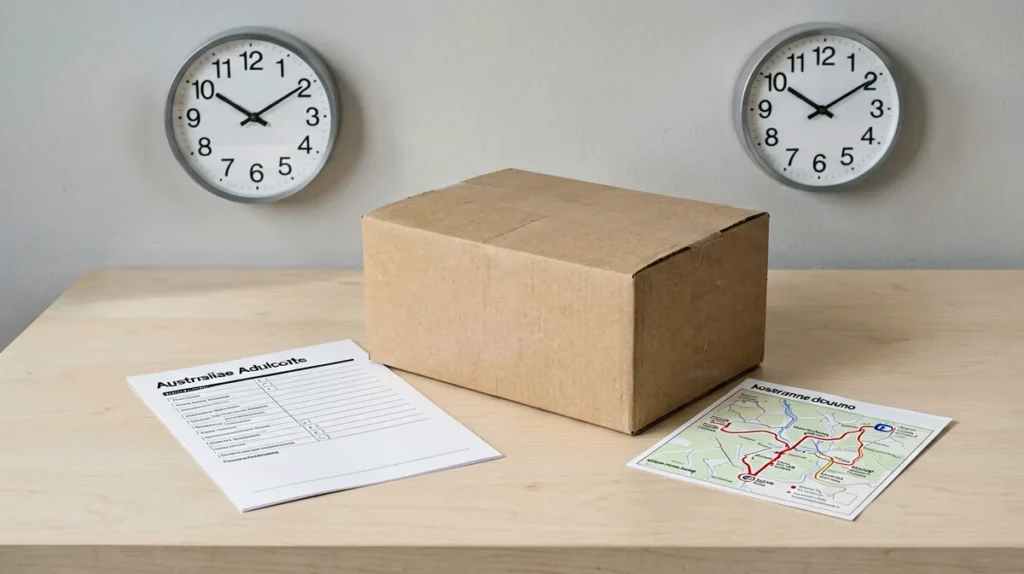 Plain parcel, order checklist, clock and route card illustrating shipping timing checks