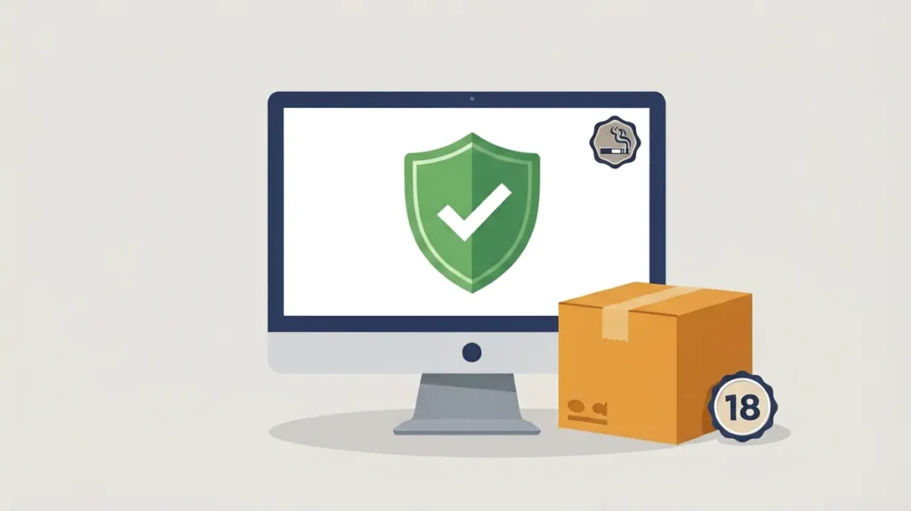 Editorial illustration of an age-verification shield, a delivery parcel and an 18 badge, representing Virqalo's adults 18+ Australian tobacco catalogue