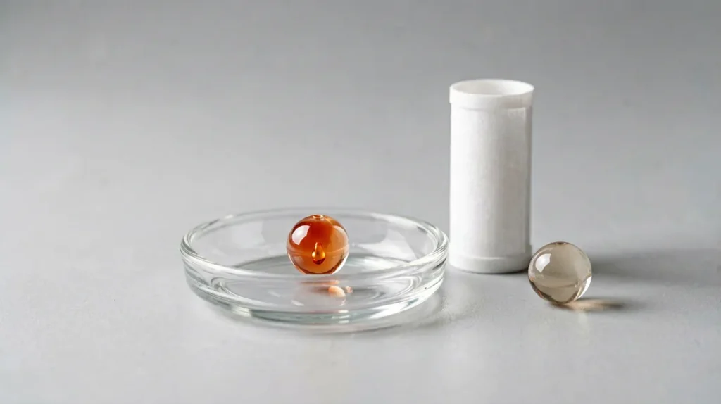 Small round flavour capsule bead in a glass dish with a plain filter tube on a light grey surface