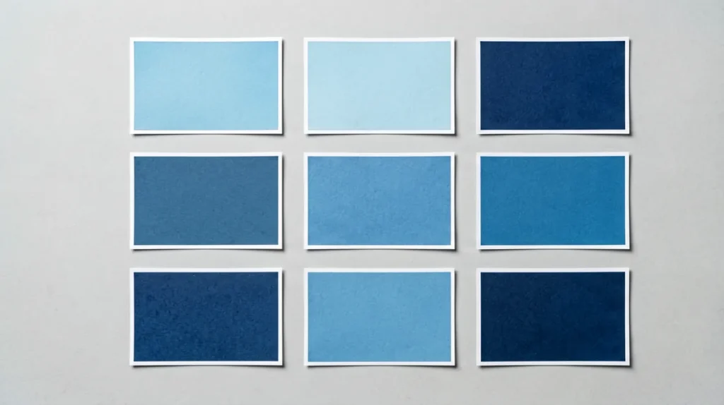 Nine blue rectangular swatch cards arranged in a three-by-three grid on a light grey background, representing the nine Manchester cigarette records in the Virqalo catalogue