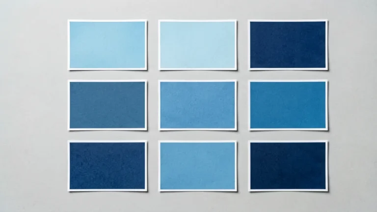 Nine blue rectangular swatch cards arranged in a three-by-three grid on a light grey background, representing the nine Manchester cigarette records in the Virqalo catalogue